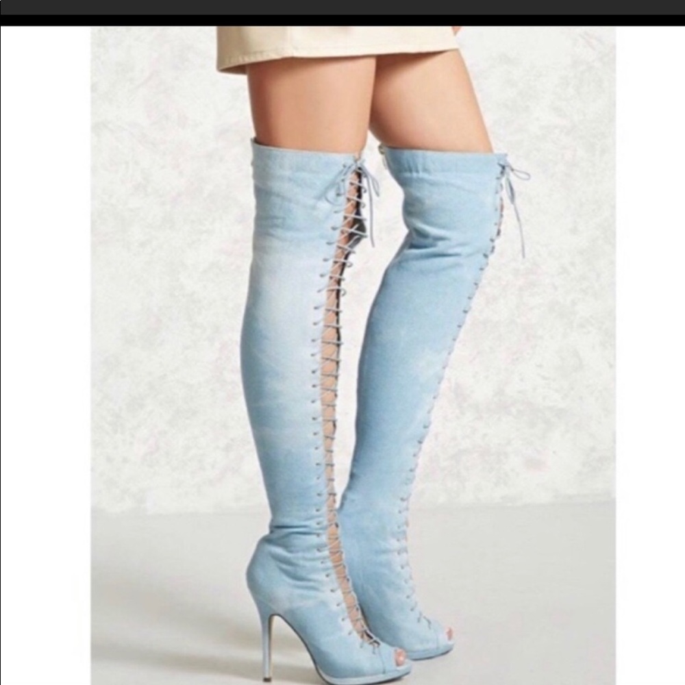 Denim lace up heels